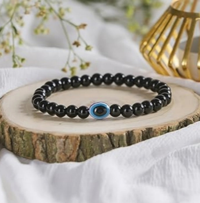 Black Tourmaline & Evil Eye Bracelet + Free 5 Mukhi Rudraksha