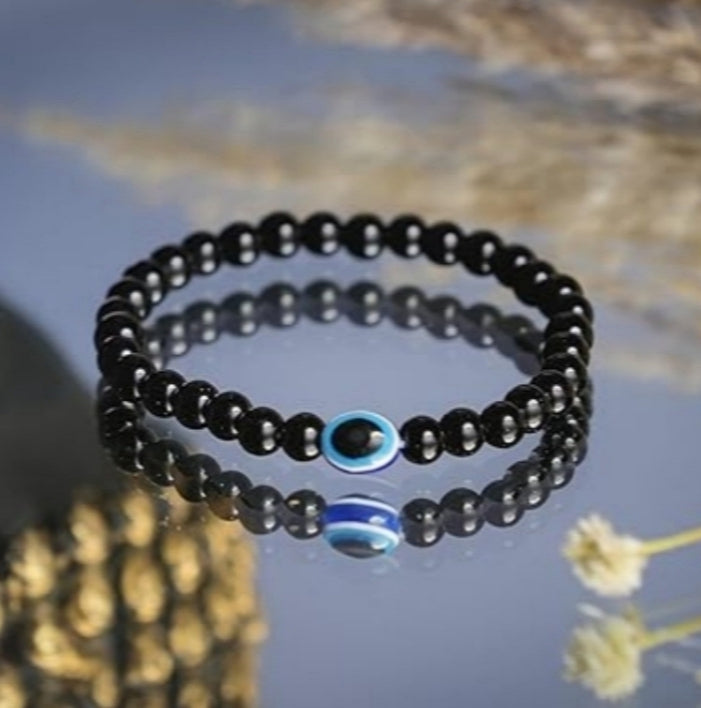 Black Tourmaline & Evil Eye Bracelet + Free 5 Mukhi Rudraksha