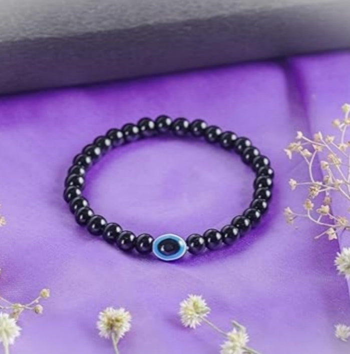 Black Tourmaline & Evil Eye Bracelet + Free 5 Mukhi Rudraksha