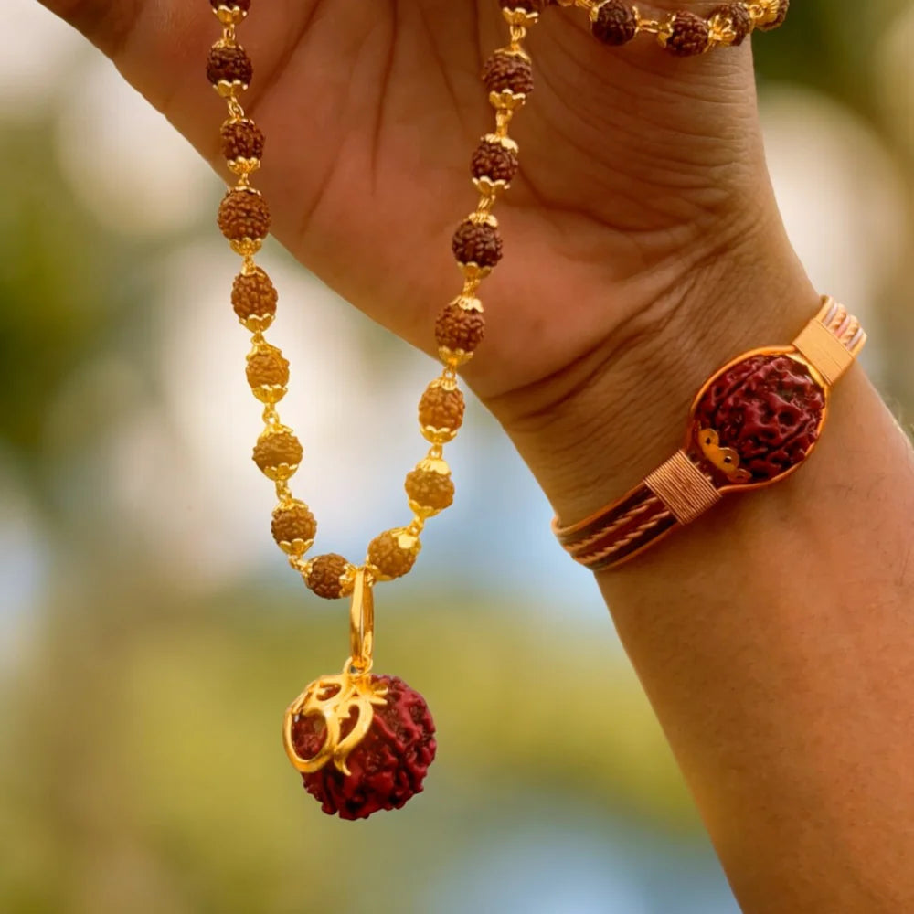 Rudraksha Necklace Om Shree Design Gold Plated + Free 5 Mukhi Rudraksha