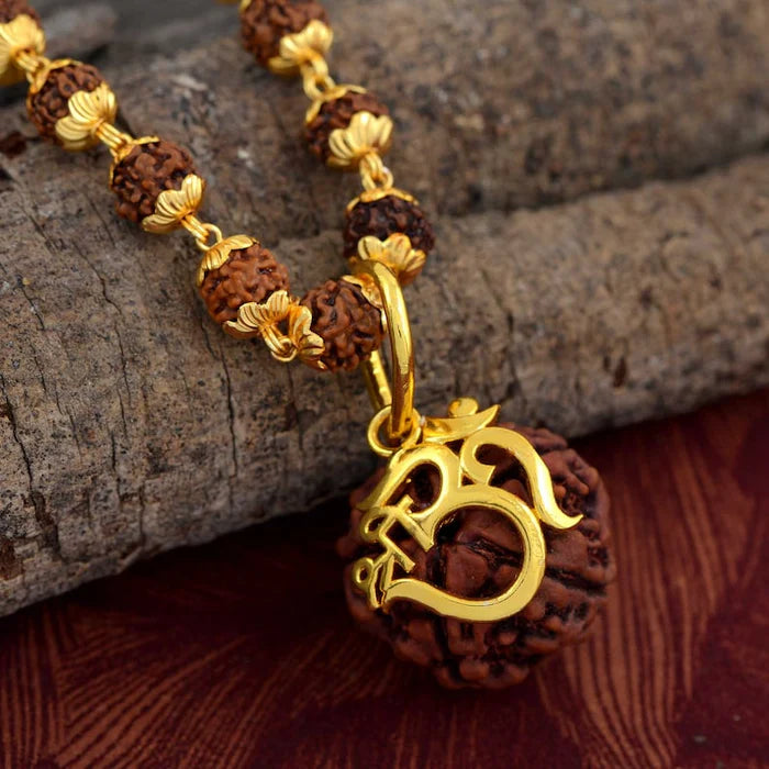 Rudraksha Necklace Om Shree Design Gold Plated + Free 5 Mukhi Rudraksha