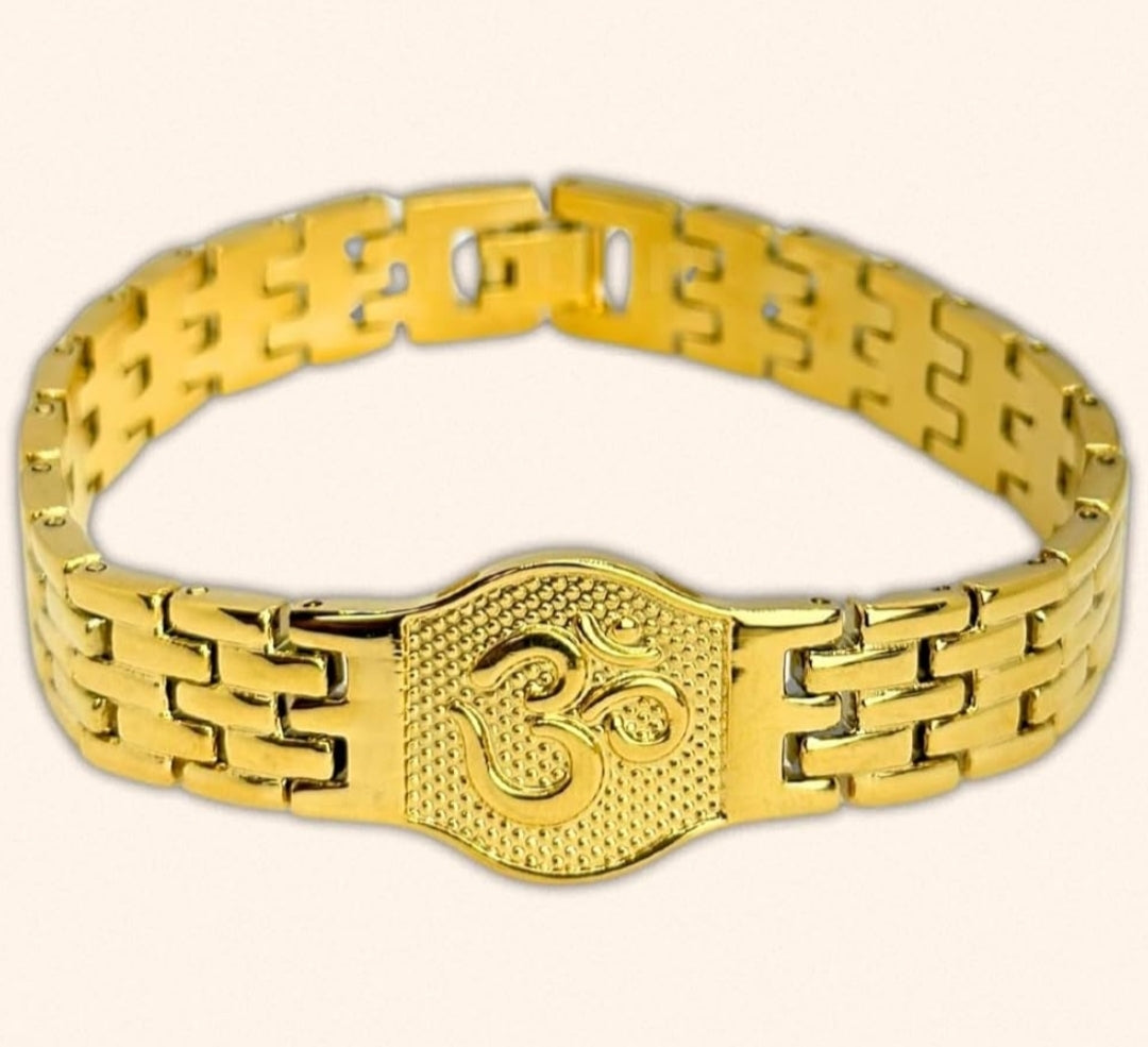 Premium Gold Plated Om Bracelet for Men and Boys + Free 5 Mukhi Rudraksha